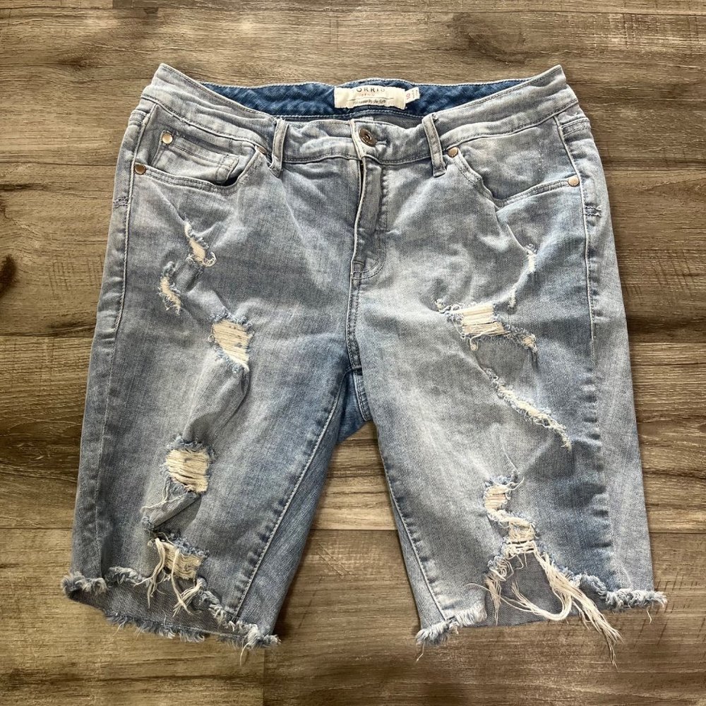 Torrid High Rise Distressed Denim Bermuda Jean Shorts Blue Women’s Size 10